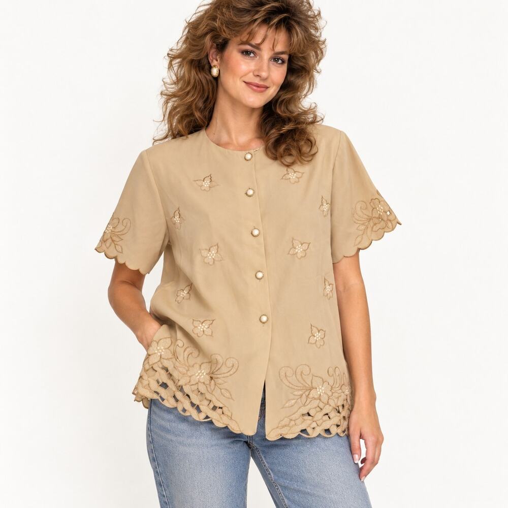 Vintage 90s USK Embroidered Blouse XL Beige Cutwork Floral Scalloped Cottagecore